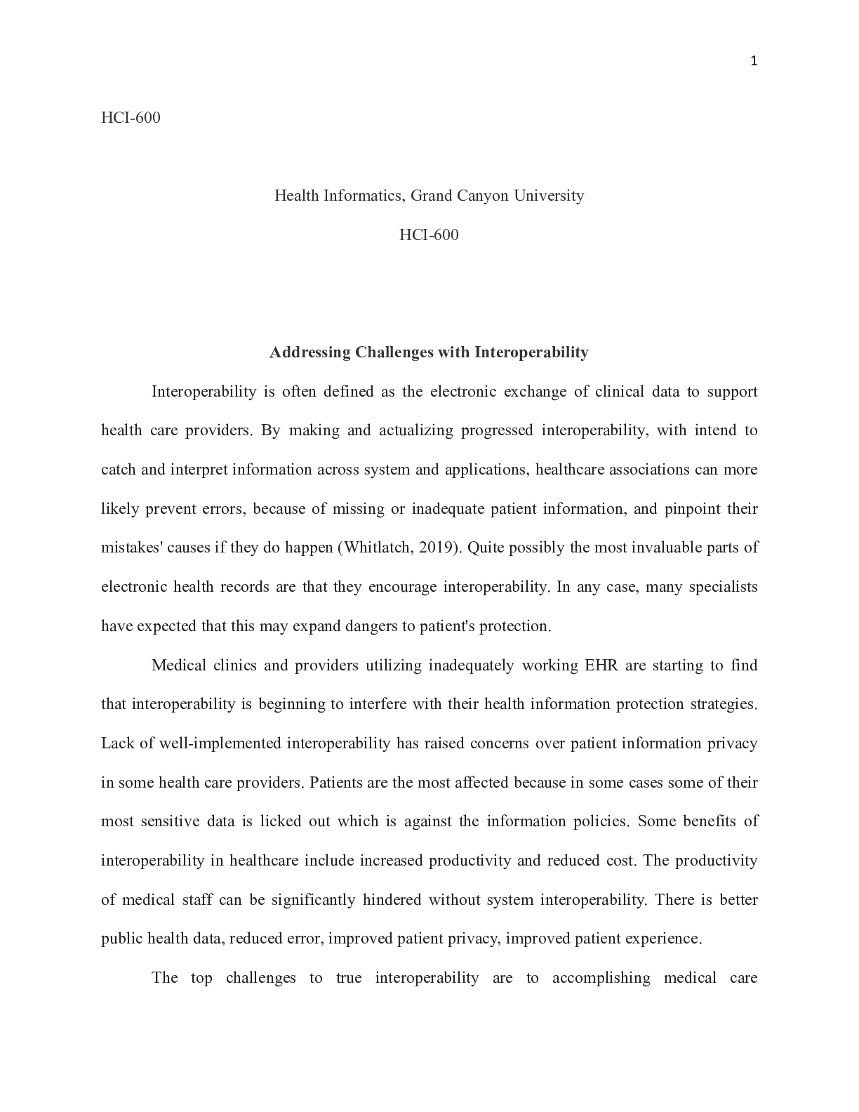 Preview of Addressing_Challenges_with_Interoperability.docx  HCI-600  Health Informatics, Grand Canyo